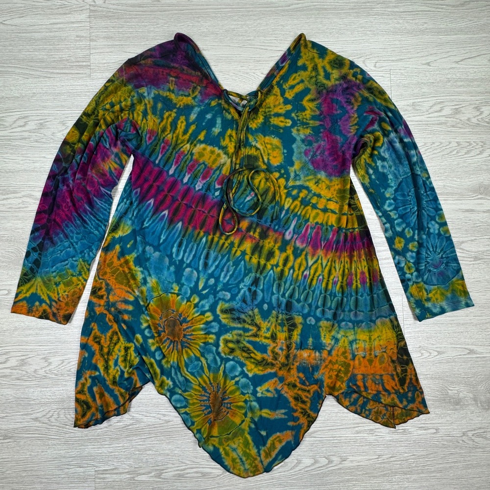 Kathmandu Women Tunic Top Tie Dye Multicolor Standard Lace‎ Up Sharkbite Hem